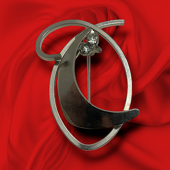 Vintage Modernist Silver Tone Brooch Pin Made in Western Germany Clear Crystals - Picture 1 of 4